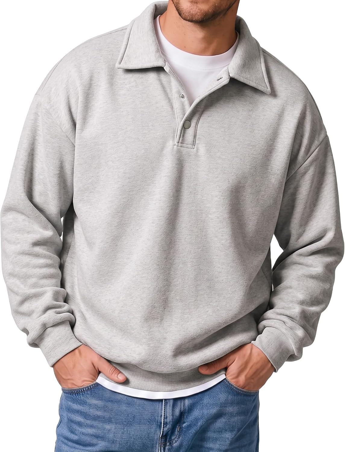 Men's Midweight Fleece Polo Sweatshirt - Quarter Button Collared Pullover with Ribbed Cuffs for Fall and Winter - Small