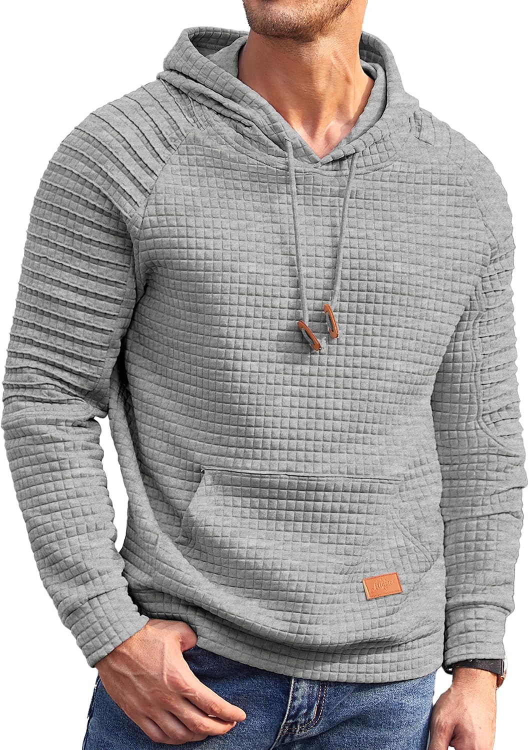 Men's Waffle Knit Pullover Hoodie - Long Sleeve Drawstring Sweatshirt with Kanga Pocket for Casual Daily Wear - Small