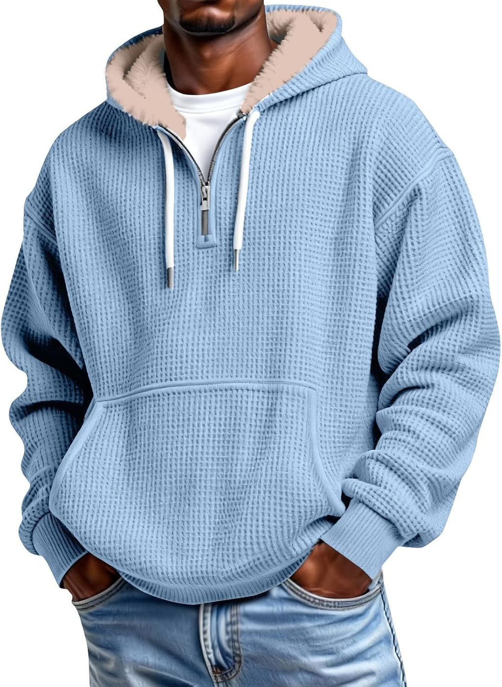 Men's Waffle Knit Quarter Zip Hooded Sweatshirt - Long Sleeve Drawstring Pullover with Front Pocket for Autumn - Large (
