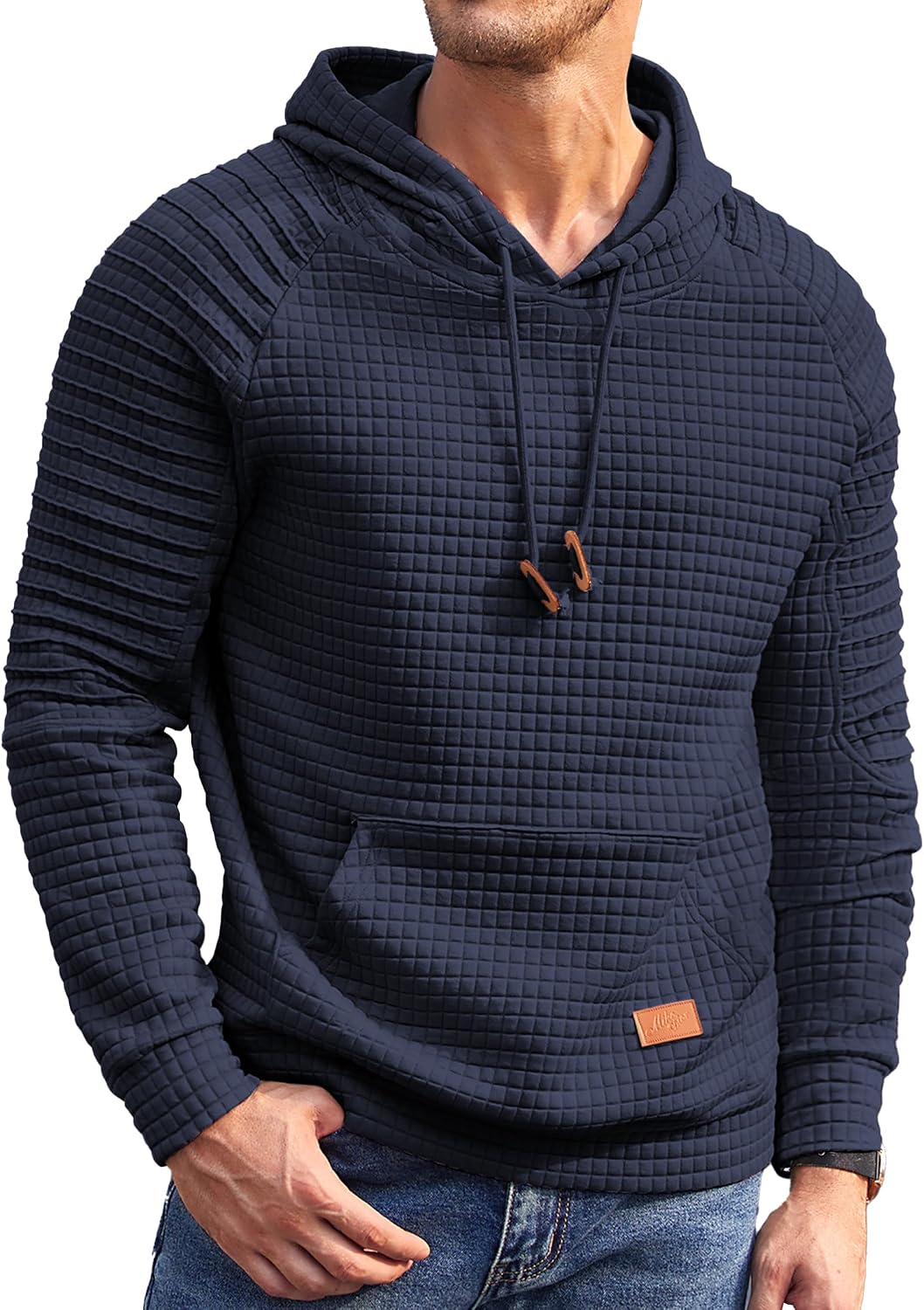 Men's Waffle Knit Pullover Hoodie - Long Sleeve Drawstring Sweatshirt with Kanga Pocket for Casual Daily Wear - Small