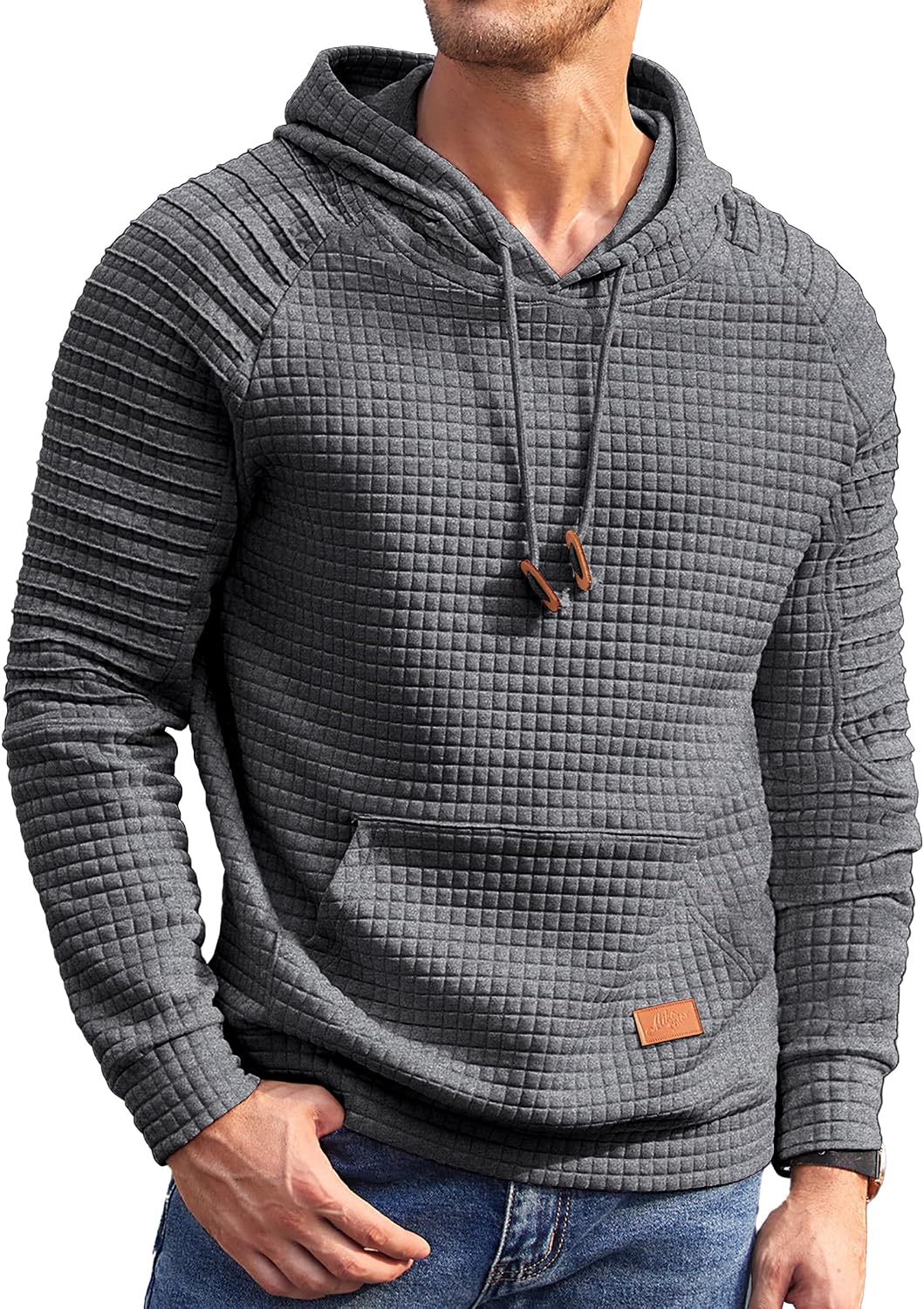 Men's Waffle Knit Pullover Hoodie - Long Sleeve Drawstring Sweatshirt with Kanga Pocket for Casual Daily Wear - Small