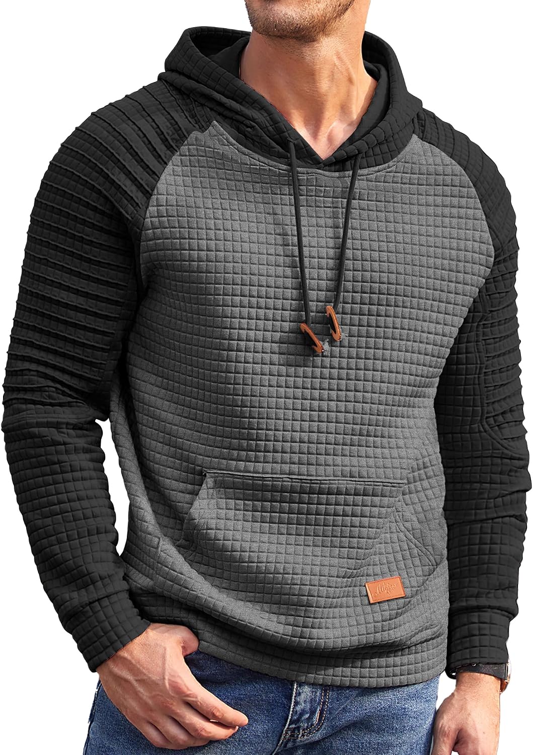 Men's Waffle Knit Pullover Hoodie - Long Sleeve Drawstring Sweatshirt with Kanga Pocket for Casual Daily Wear - Small