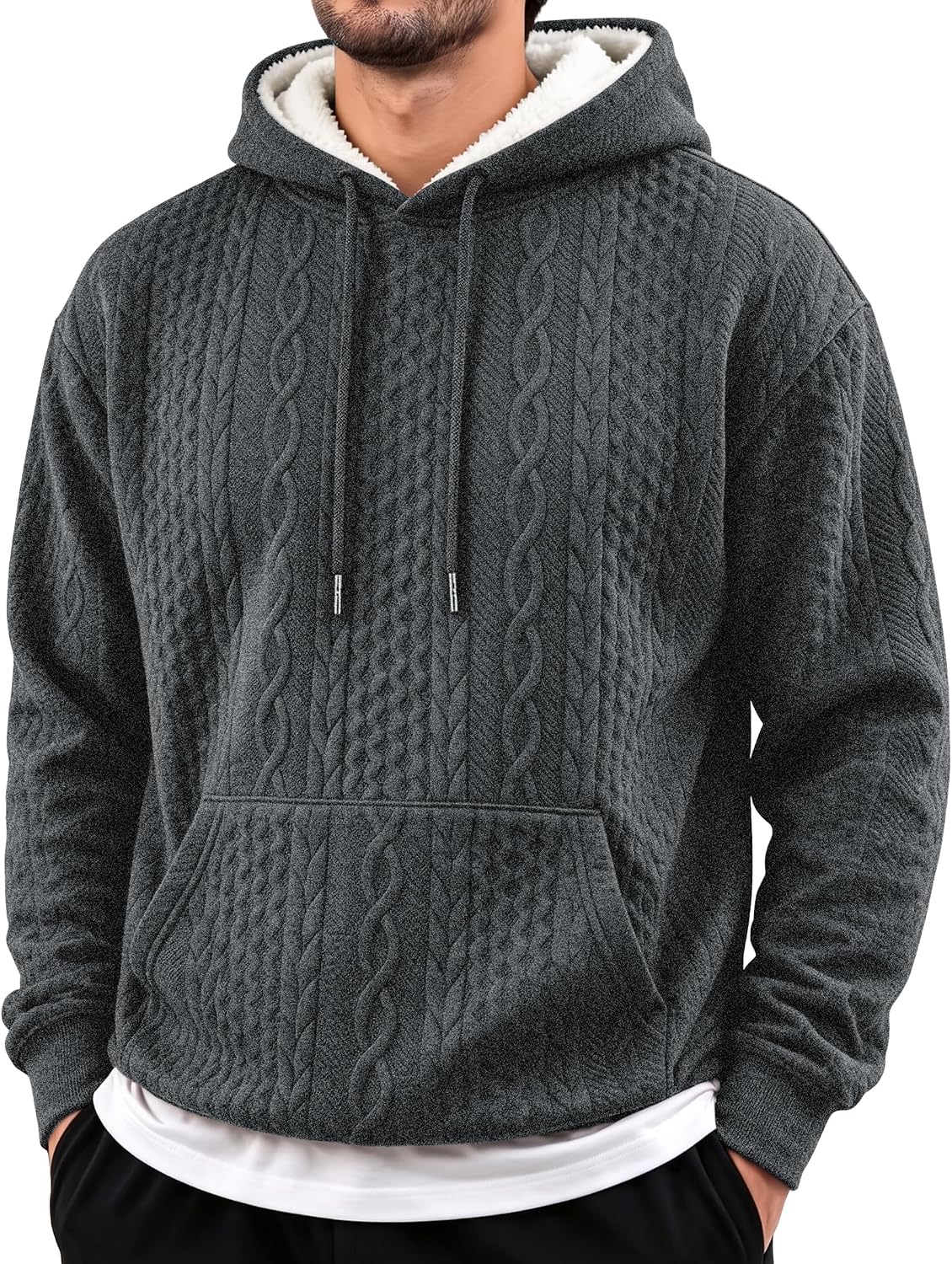 Men's Sherpa Lined Cable Textured Pullover Hoodie - Midweight Drawstring Sweatshirt with Kangaroo Pocket - Small