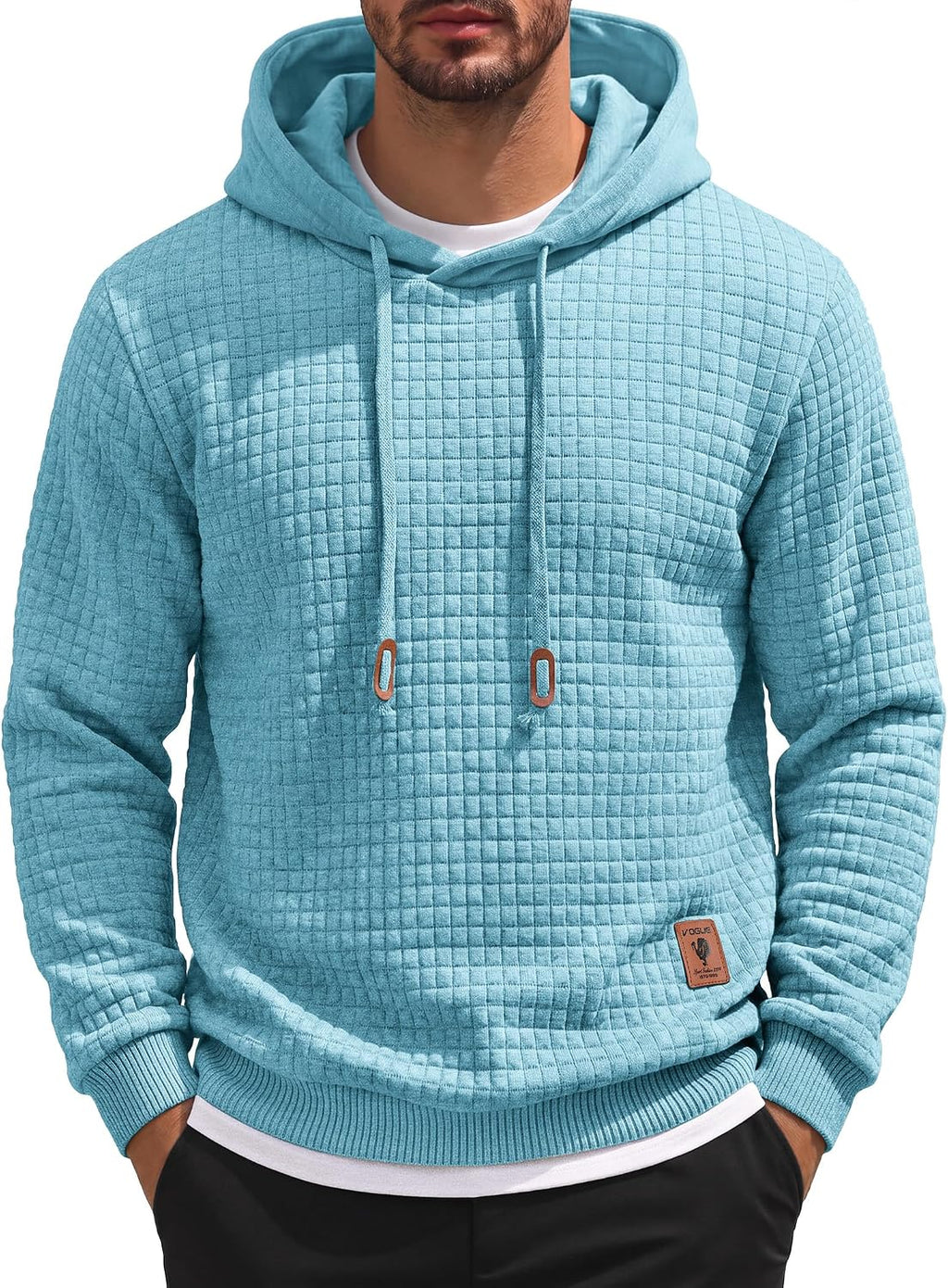 Men's Waffle Knit Hooded Sweatshirt - Long Sleeve Drawstring Pullover Hoodie for Casual Fall and Winter Wear - Medium