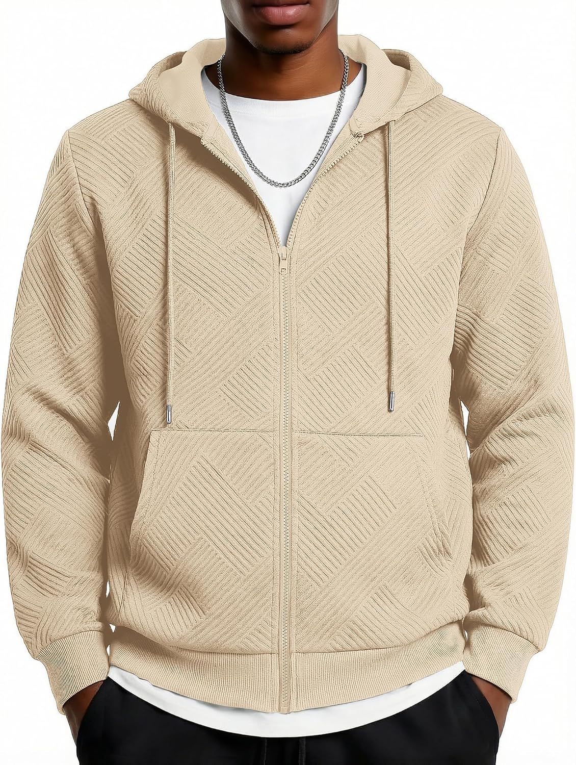 Men's Geometric Textured Zip Up Hoodie - Full Zip Sweatshirt with Pockets and Drawstring Hood for Weekend Wear - Small