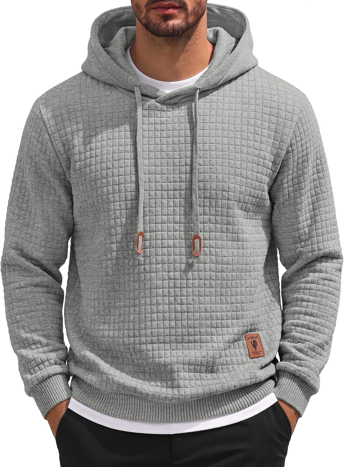 Men's Waffle Knit Hooded Sweatshirt - Long Sleeve Drawstring Pullover Hoodie for Casual Fall and Winter Wear - Large