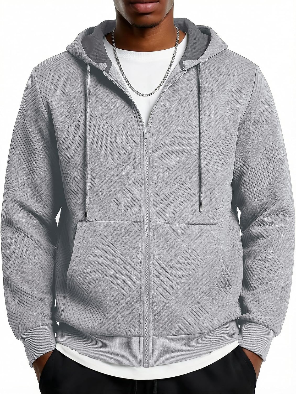 Men's Geometric Textured Zip Up Hoodie - Full Zip Sweatshirt with Pockets and Drawstring Hood for Weekend Wear - Small