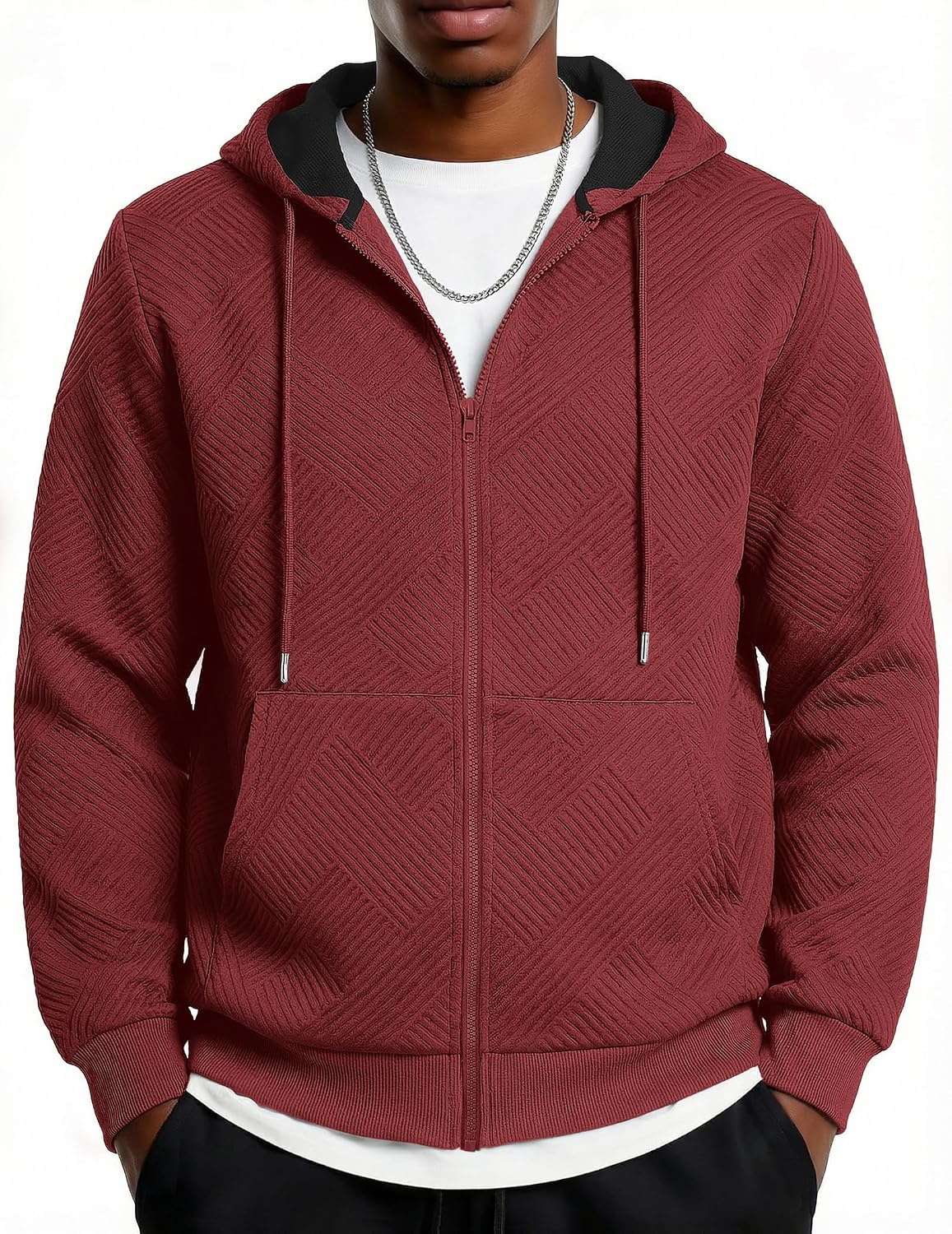 Men's Geometric Textured Zip Up Hoodie - Full Zip Sweatshirt with Pockets and Drawstring Hood for Weekend Wear - Small