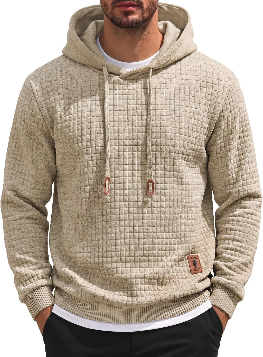 Men's Waffle Knit Hooded Sweatshirt - Long Sleeve Drawstring Pullover Hoodie for Casual Fall and Winter Wear - Small