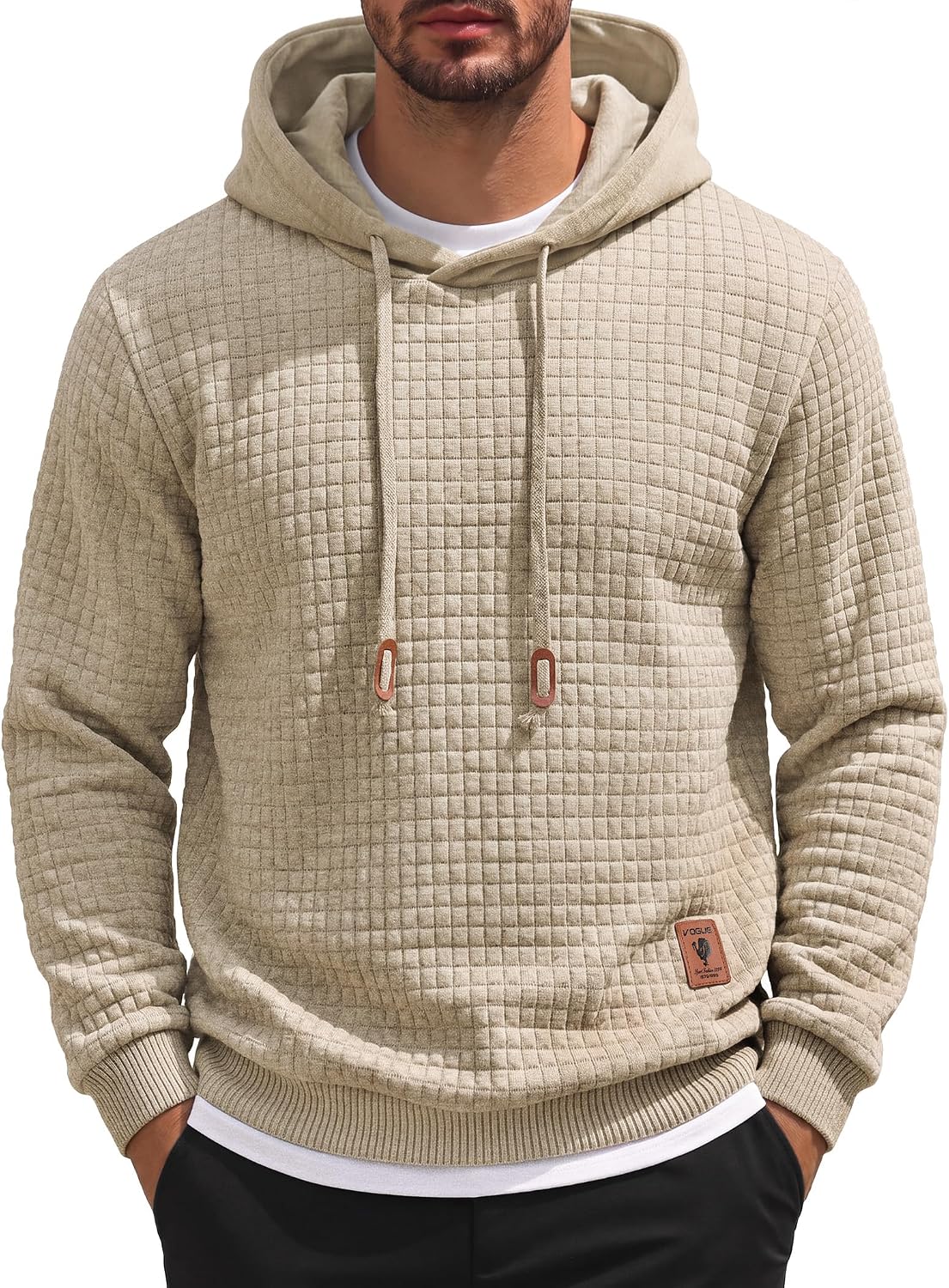 Men's Waffle Knit Hooded Sweatshirt - Long Sleeve Drawstring Pullover Hoodie for Casual Fall and Winter Wear - Small