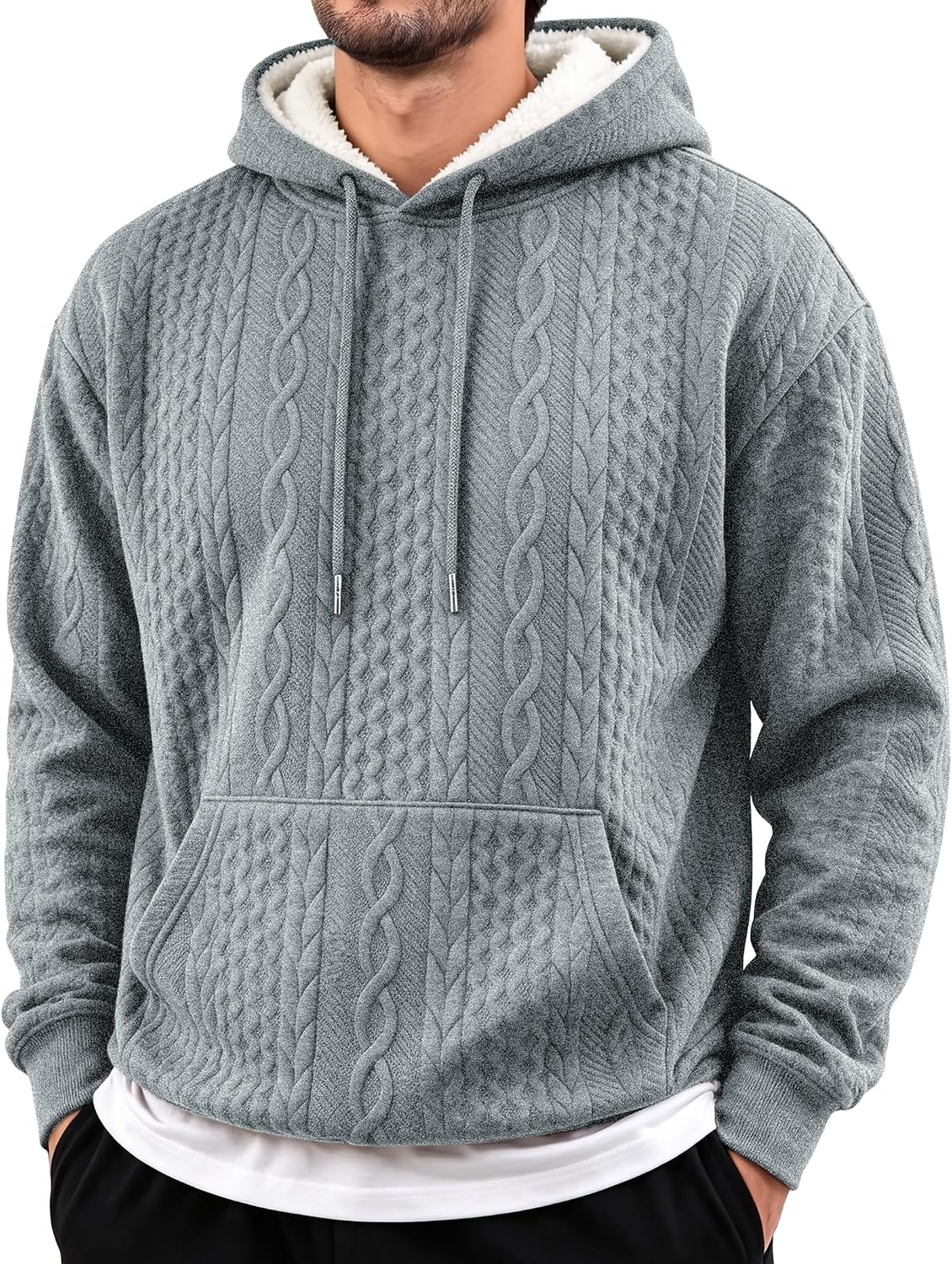 Men's Sherpa Lined Cable Textured Pullover Hoodie - Midweight Drawstring Sweatshirt with Kangaroo Pocket - Small