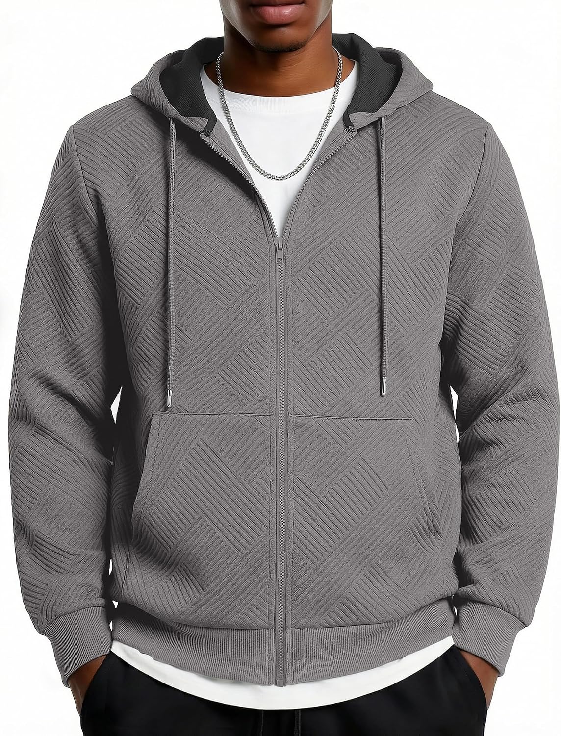 Men's Geometric Textured Zip Up Hoodie - Full Zip Sweatshirt with Pockets and Drawstring Hood for Weekend Wear - Small